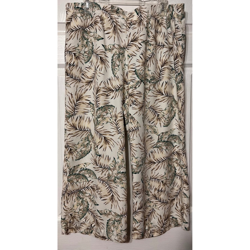 J. Jill Womens Large Tropical Leaf Print Wide Leg Rayon Pull On Capris Cream